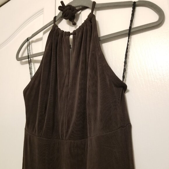 Vintage Brown Halter Keyhole Neck Long Gown Dress Medium w/ Slit Beechers Brook - Picture 3 of 16
